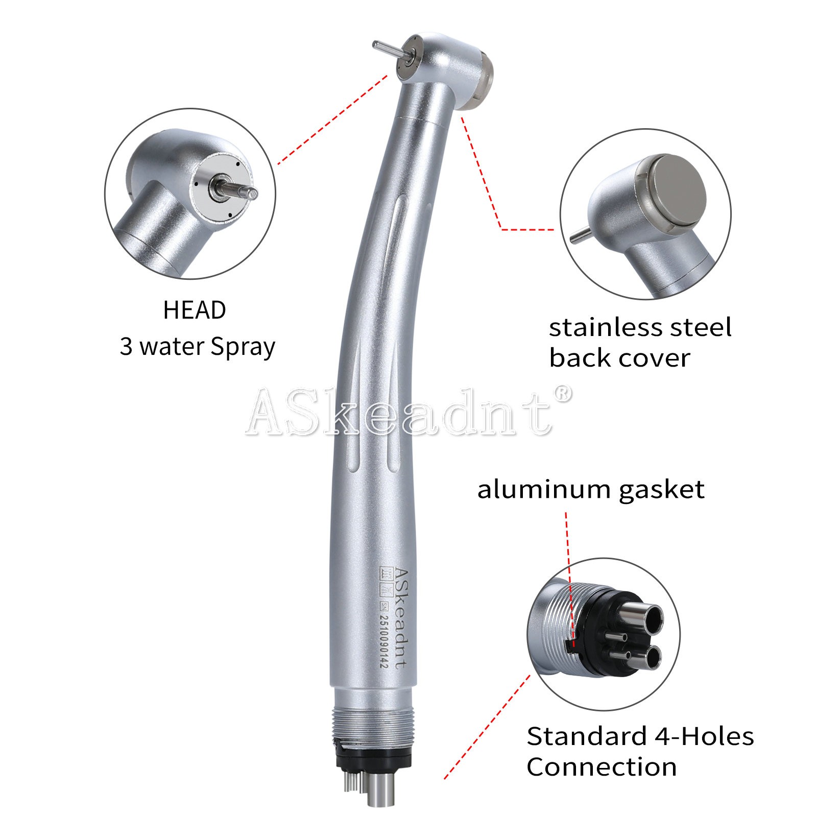 Dental High Speed Handpiece 3 Water Spray Ceramic Bearing 4 Holes ASKEADNT