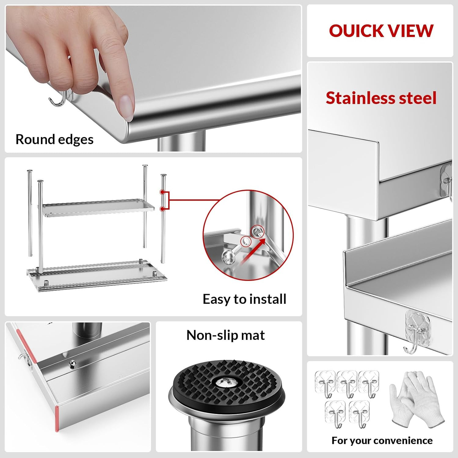 All-Stainless Steel Prep Table, 24 X 48 Inch, with Rounded-Corner Backsplash and