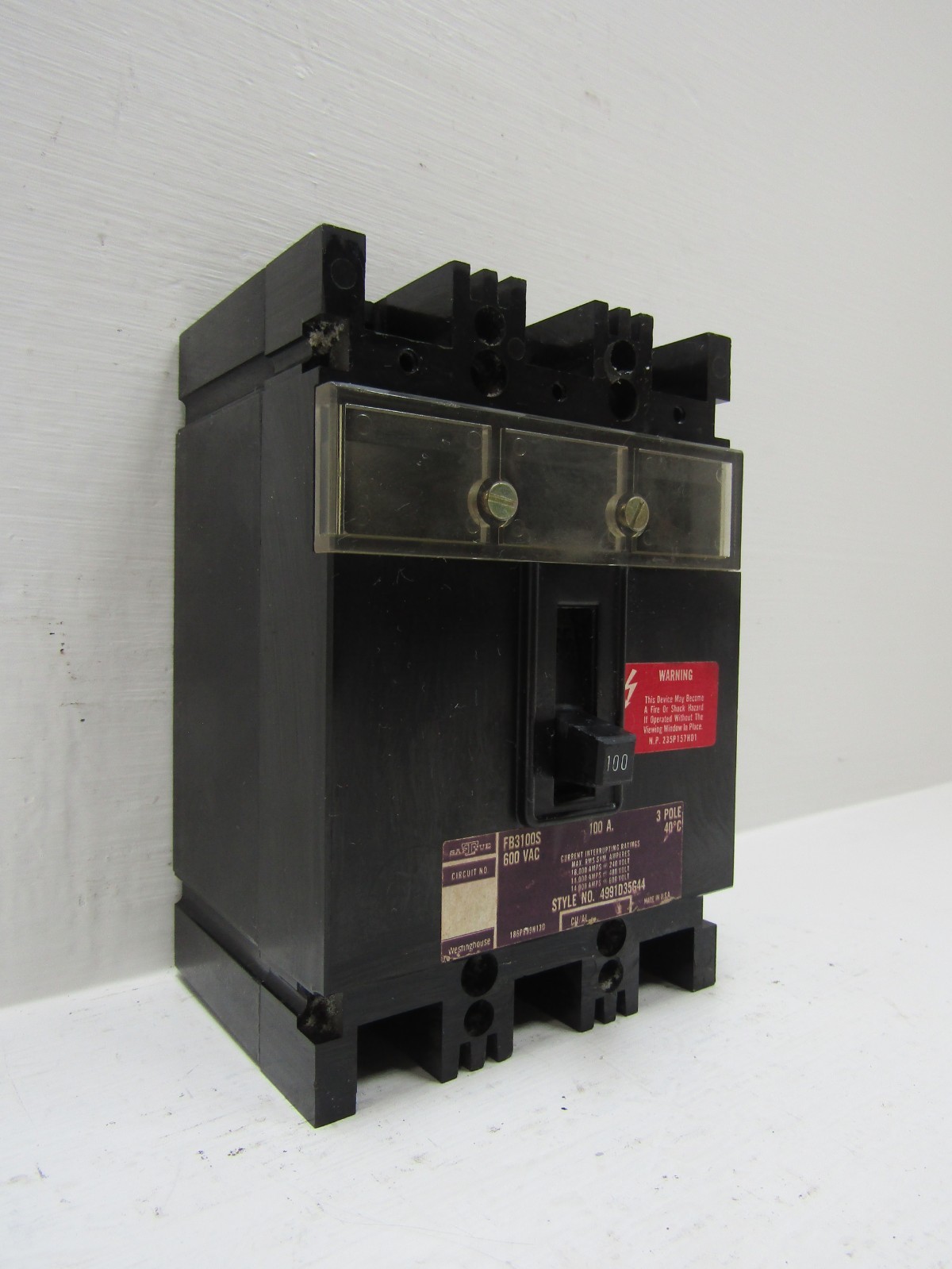 Westinghouse FB3100S 100 Amp 600V 3-Pole SafTvue Circuit Breaker 100A 4991D35G44