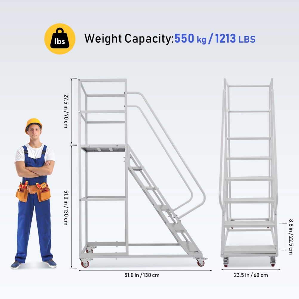 6 Step Rolling Warehouse Step Ladder, Movable Platform Ladder with Locking Wheel