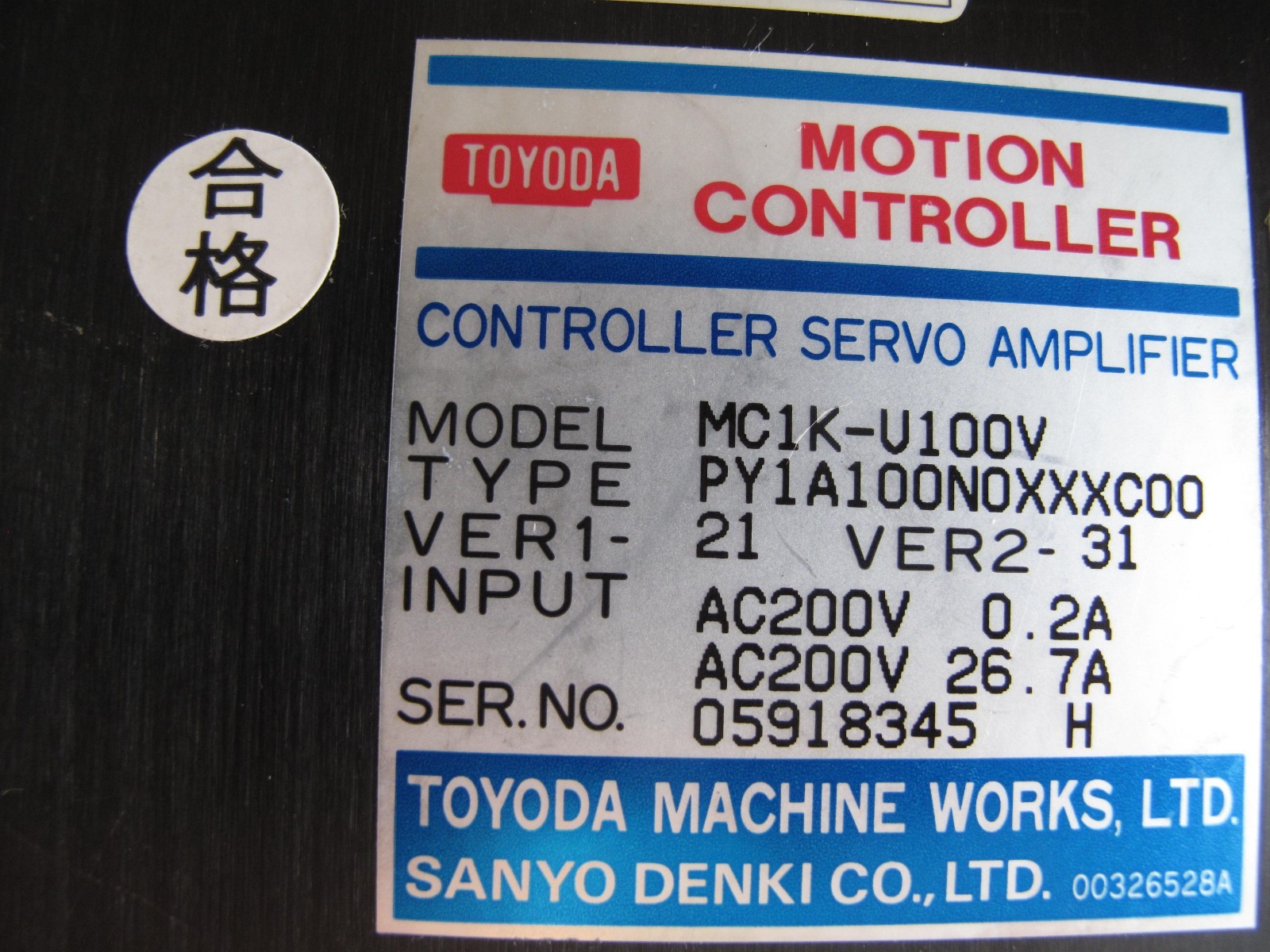 SANYO DENKI PY1A100N0XXXC00 AMPLIFIER | TOYODA MC1K-U100V MOTION CONTROLLER