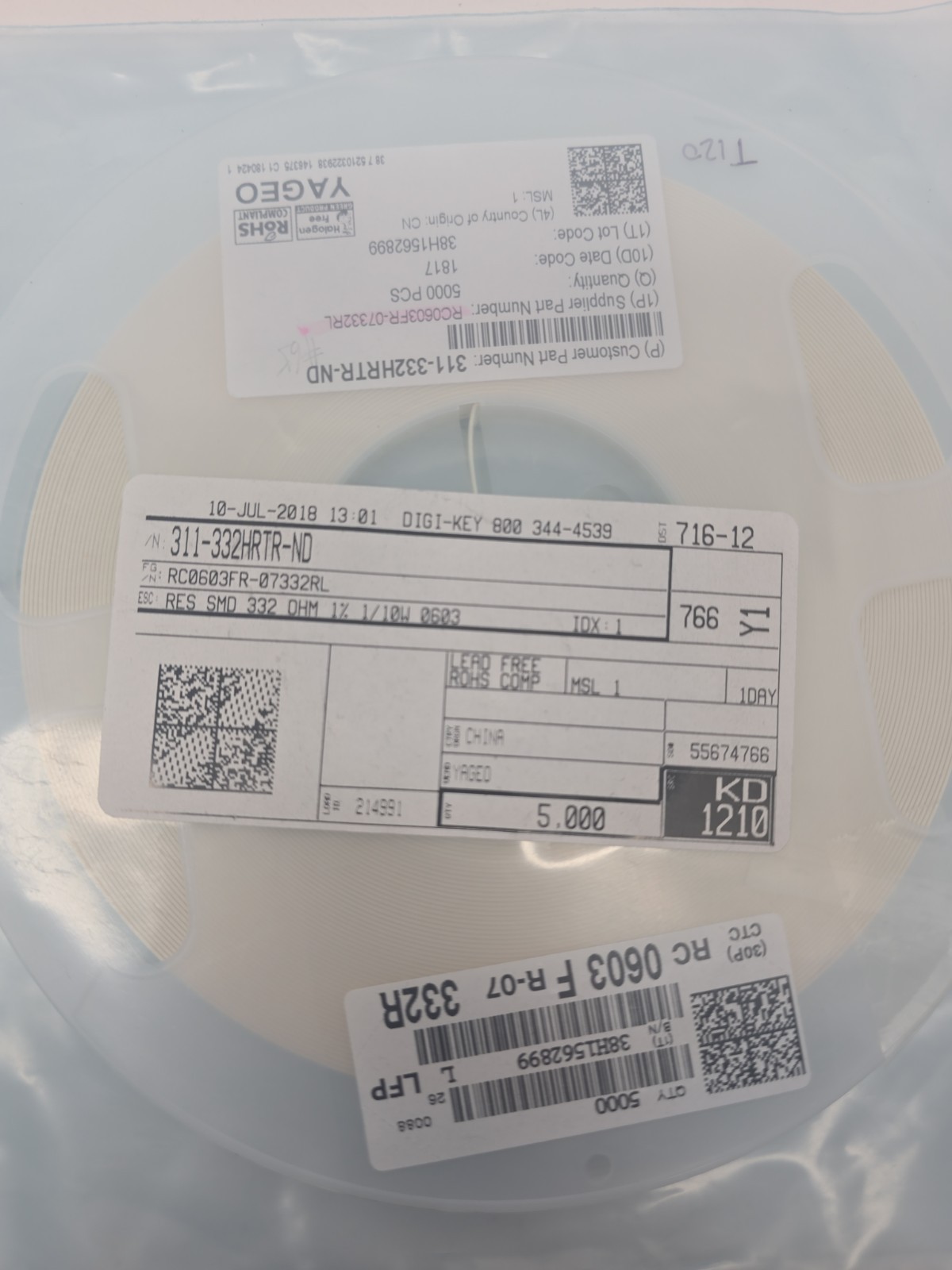 YAGEO RC0603FR-07332RL 332 Ohm 1% 0603 SMD Resistor Reel (4500 Pcs)