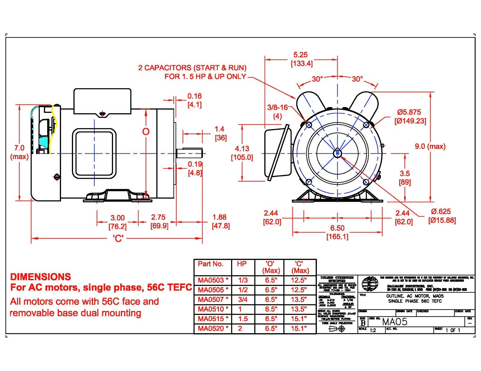 AC MOTOR, 1.5HP, 1725RPM, 1PH, 115V/208-230V, 56C/TEFC, With base