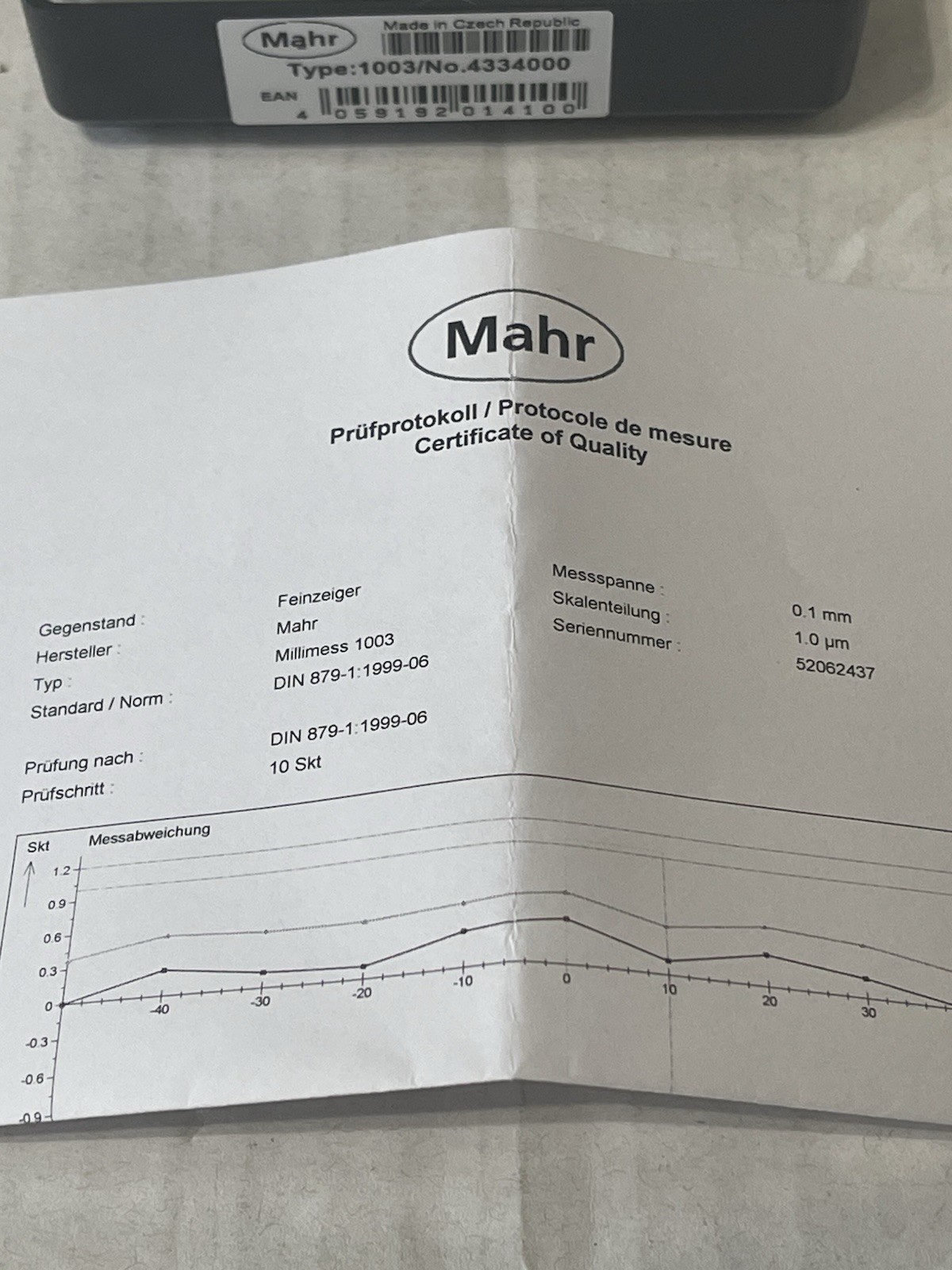 MAHR 1003 Precision Dial Millimess Mechanical Dial Comparator 1003 4334000