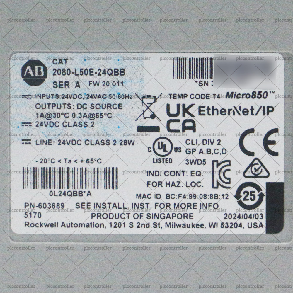 100% New Allen-Bradley 2080-L50E-24QBB Micro850 24 I/O EtherNet/IP Controller