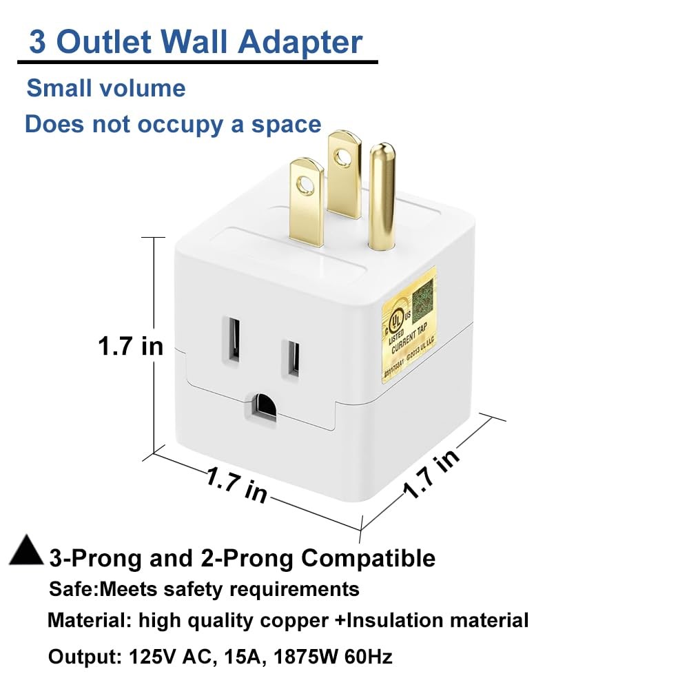 Multi Plug Outlet Extender – UL Listed -3 Wall Adapter 2 Pack, white