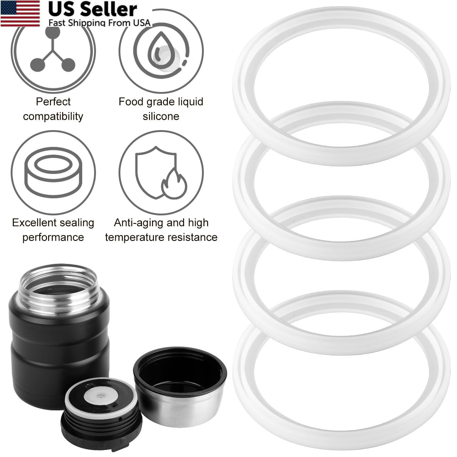 4pcs Replacement Rubber Gaskets Compatible for Thermos 6.1cm/2.4in, white