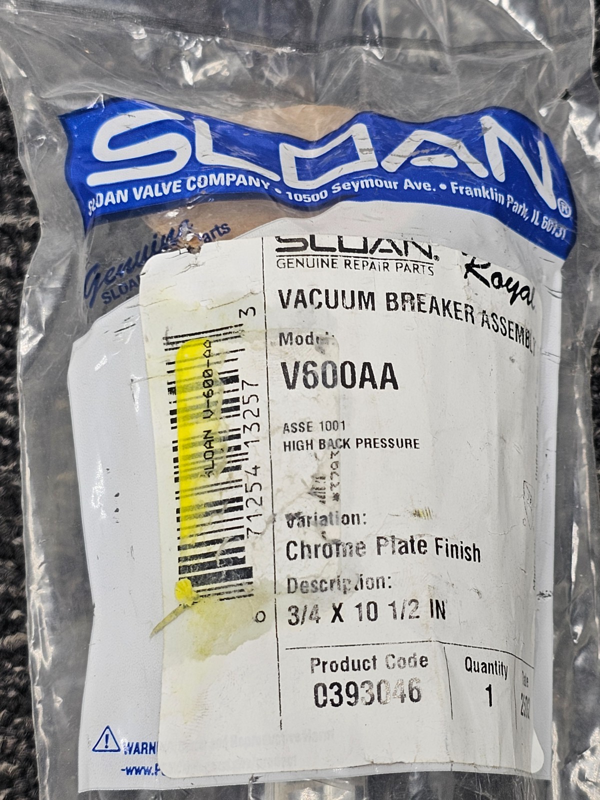 SLOAN V600AA Vacuum Breaker Assembly 0393046 3/4 x 10 1/2 In