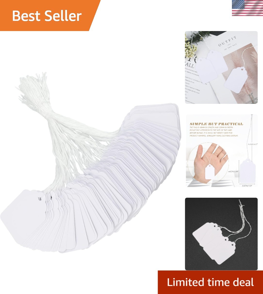 Writable Blank Hangtags with Twine – 500 Count Matte White Price Tags 1.2×1.9 in