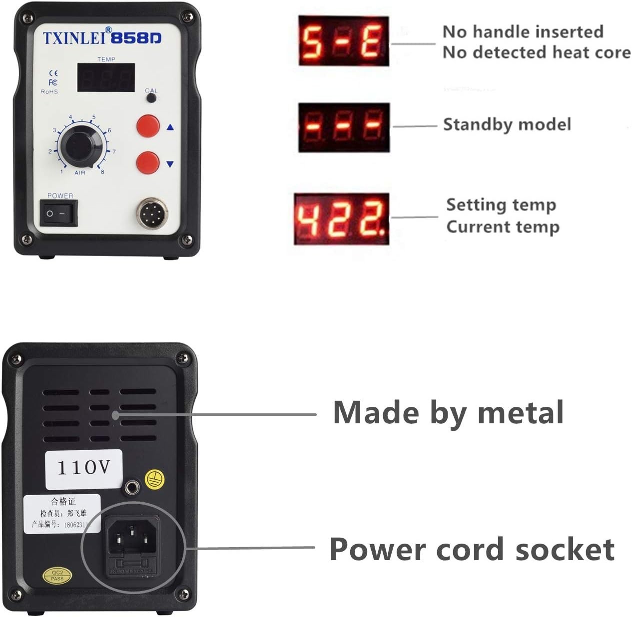 TXINLEI 858D Hot Air Rework Soldering Station with Temperature Control