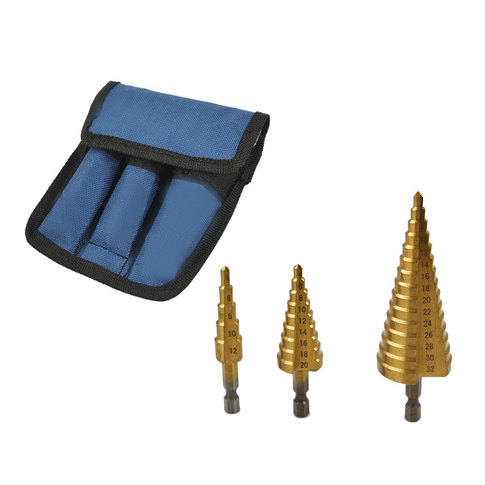 3 Pcs HSS Step Drill Bit Set Titanium Coated High-Speed Steel Cone Drill Bit New