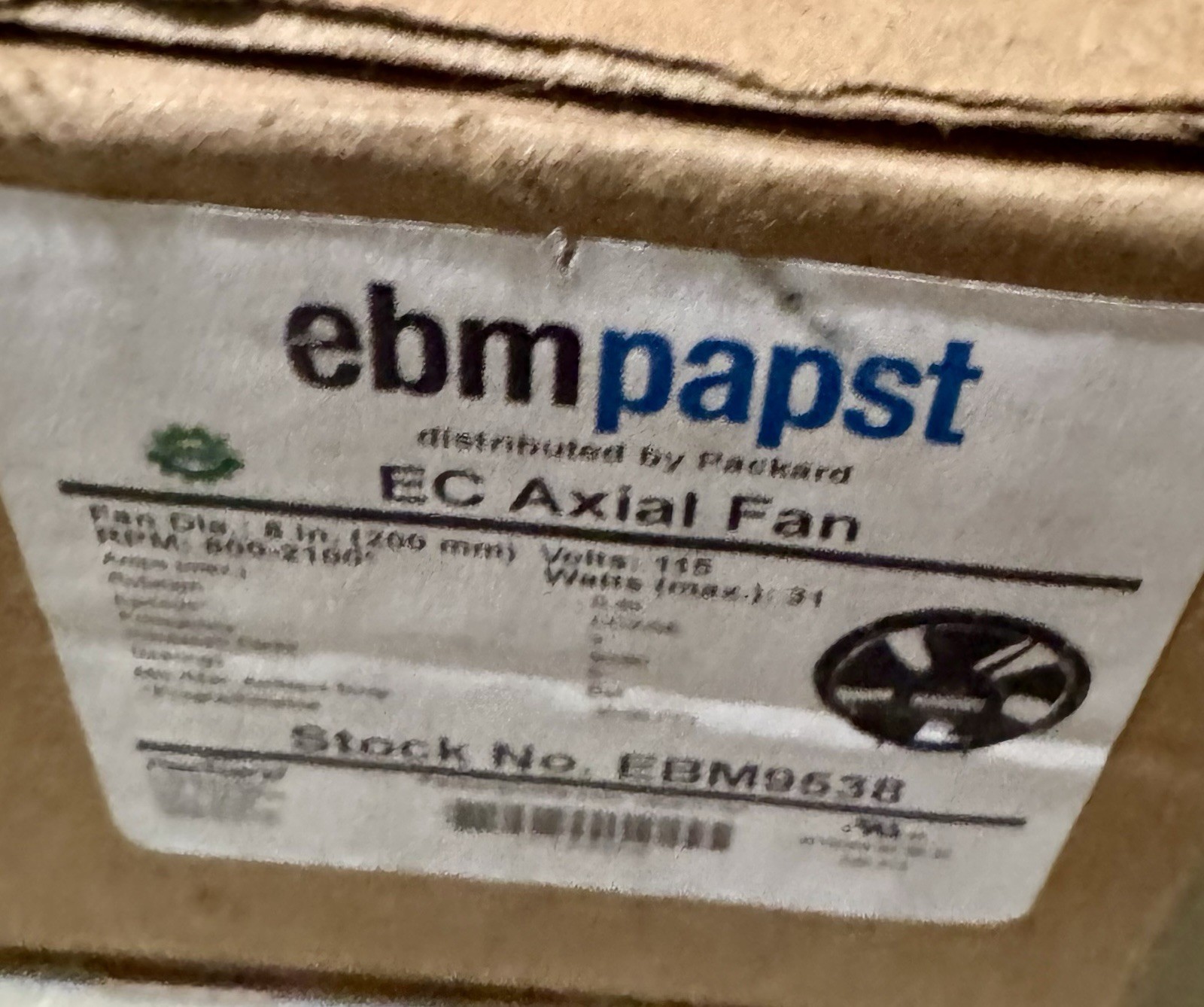 EBM-PAPST fan, 115 volt, 800-2100 RPM, 8″ diameter