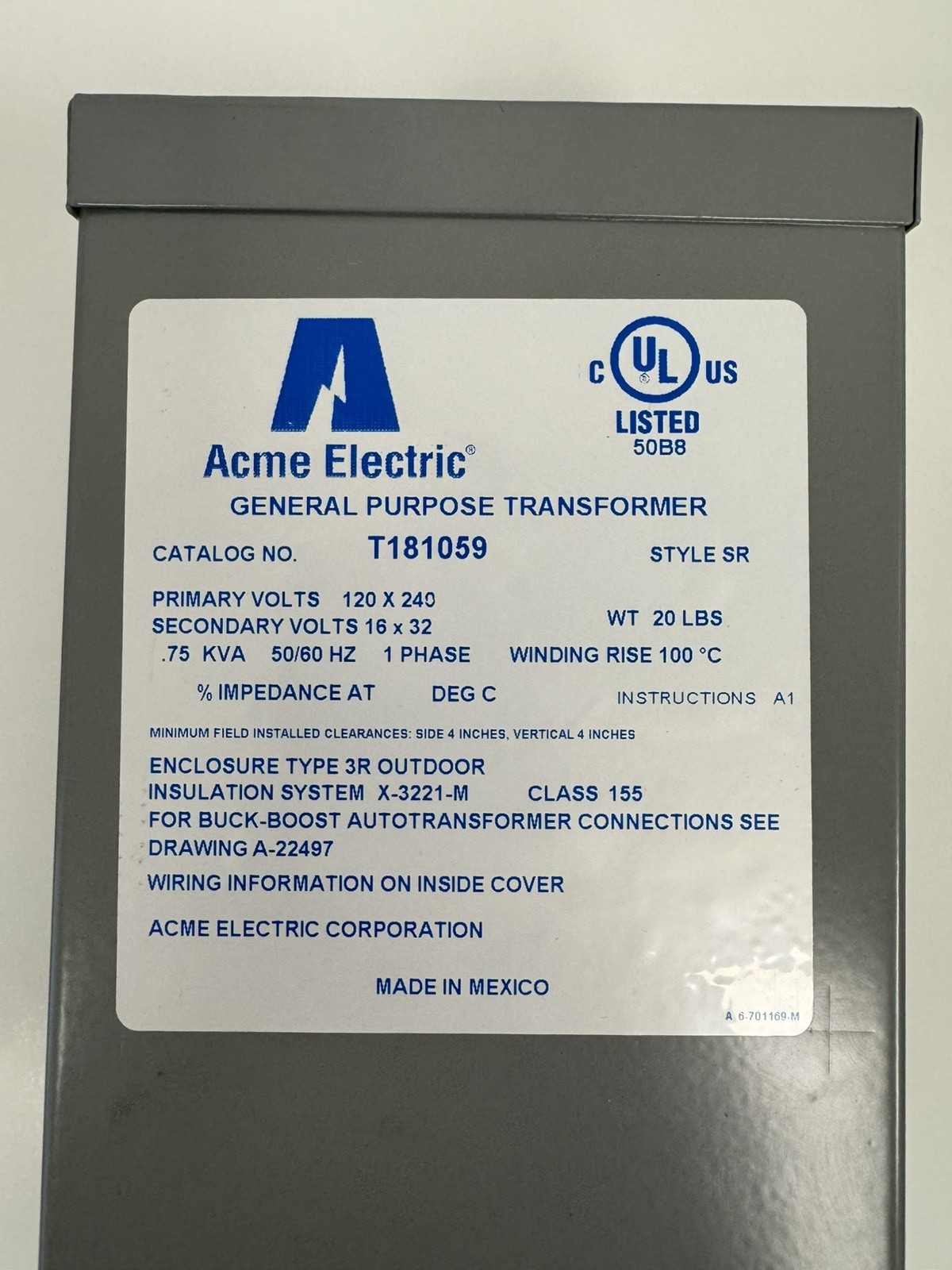 Acme Electric T181059 General Purpose Transformer 120×240 Volts 50/60Hz