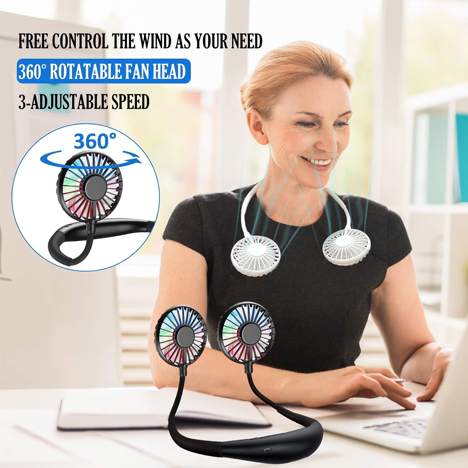 YALTOON Neck Fan – 2600mAh, Portable, Hands-Free, 12H Cooling