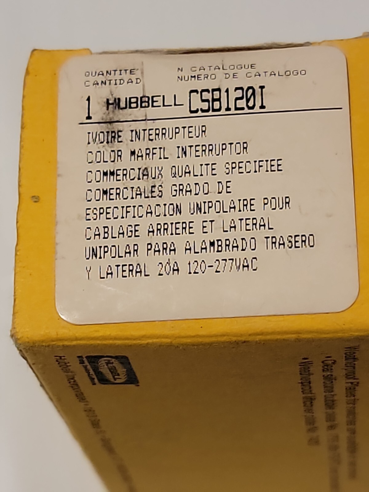 Hubbell CSB120I Ivory Back Wired Pole Commercial Switch 20 Amp 120/277v