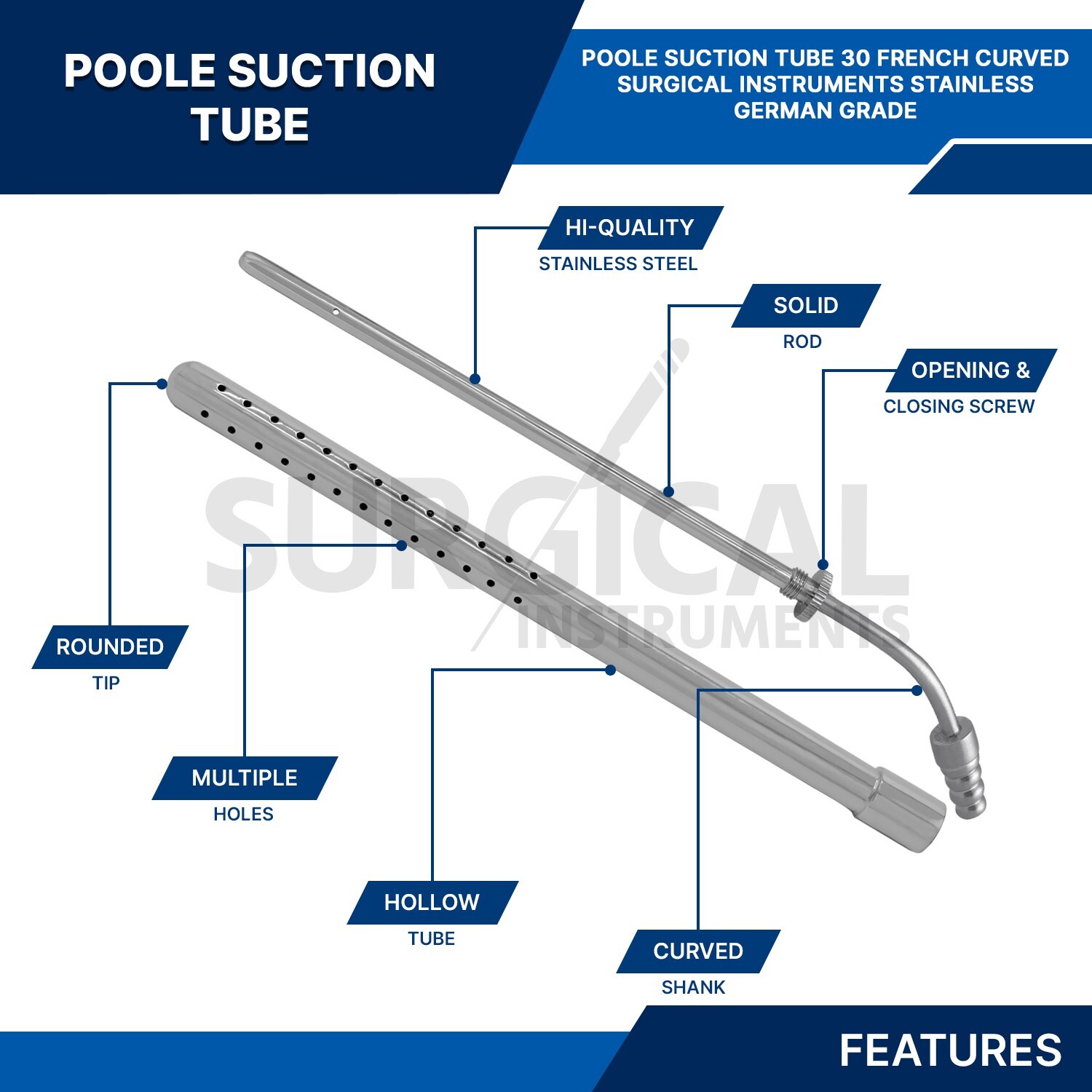 POOLE Suction Tube 30 French Curved Surgical Medical Instruments