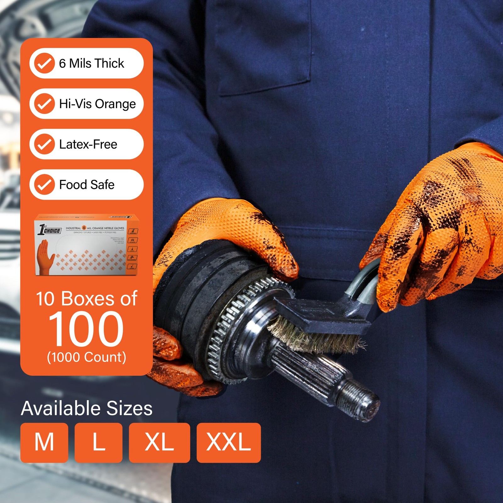 1St Choice 6 Mil Orange Gloves Disposable Latex Raised Diamond Grip Mechanic
