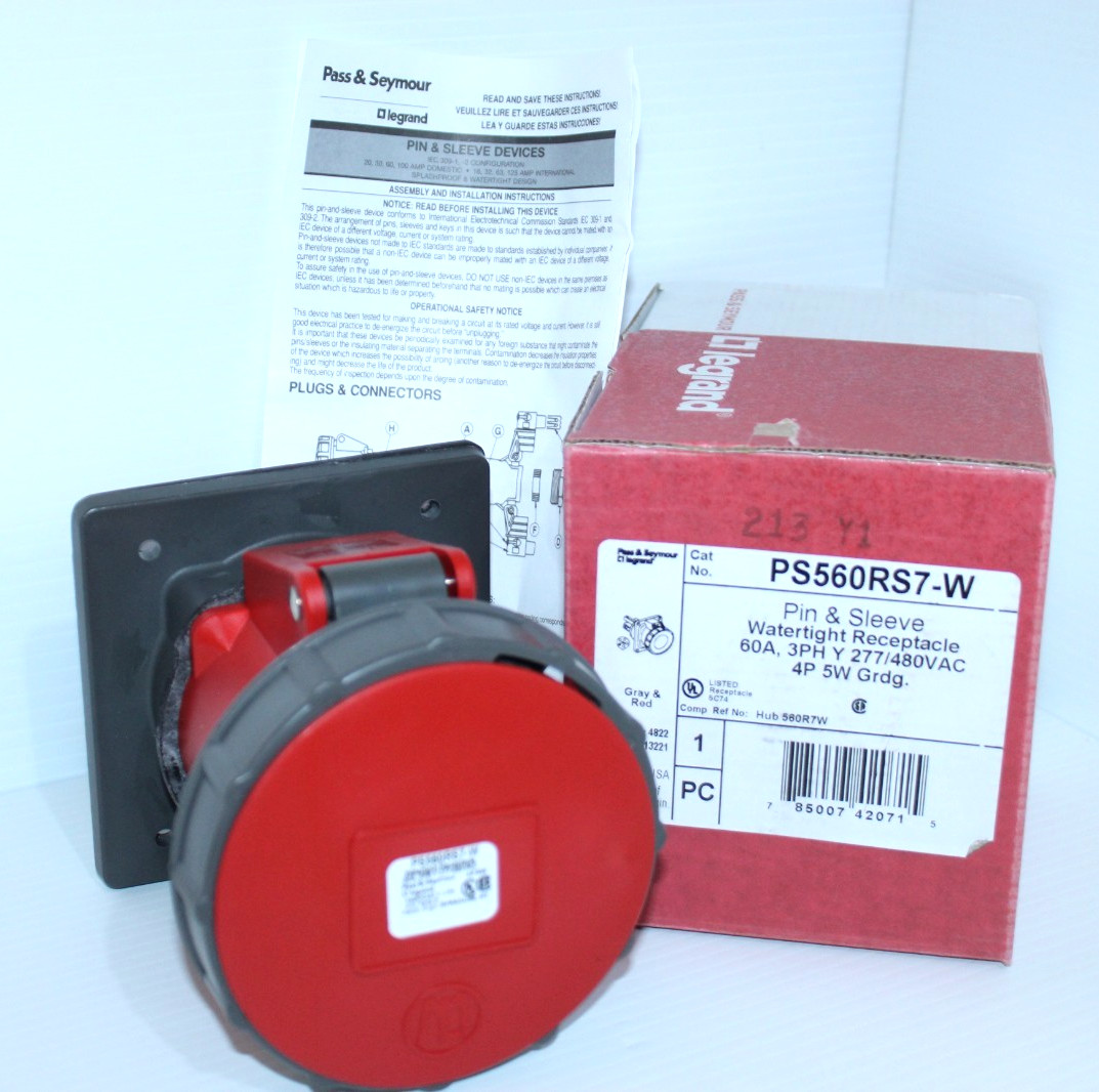 ⭐NEW IN BOX⭐ PS 560R7W 60-Amp RECEPTACLE 277/480V 60A 4P 5W HBL560R7W 🔴USA🔵