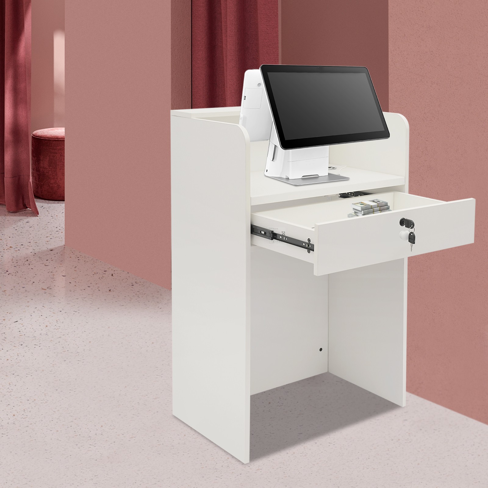 Reception Desk with LED Light, Checkout Counter Reception Desk W/ Storage Drawer