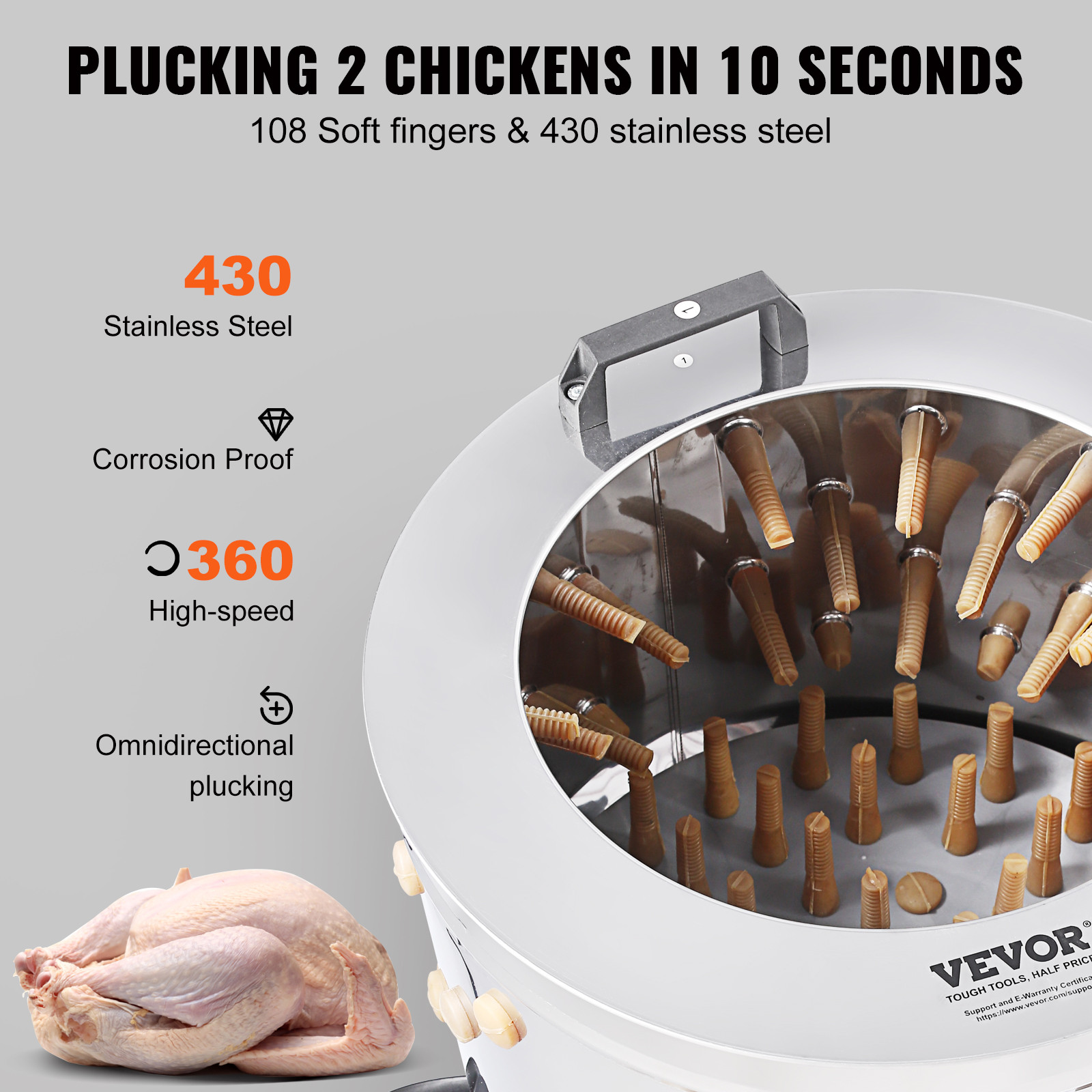 VEVOR Chicken Plucker Machine Feather Plucker Stainless Steel Drum 280RPM Motor