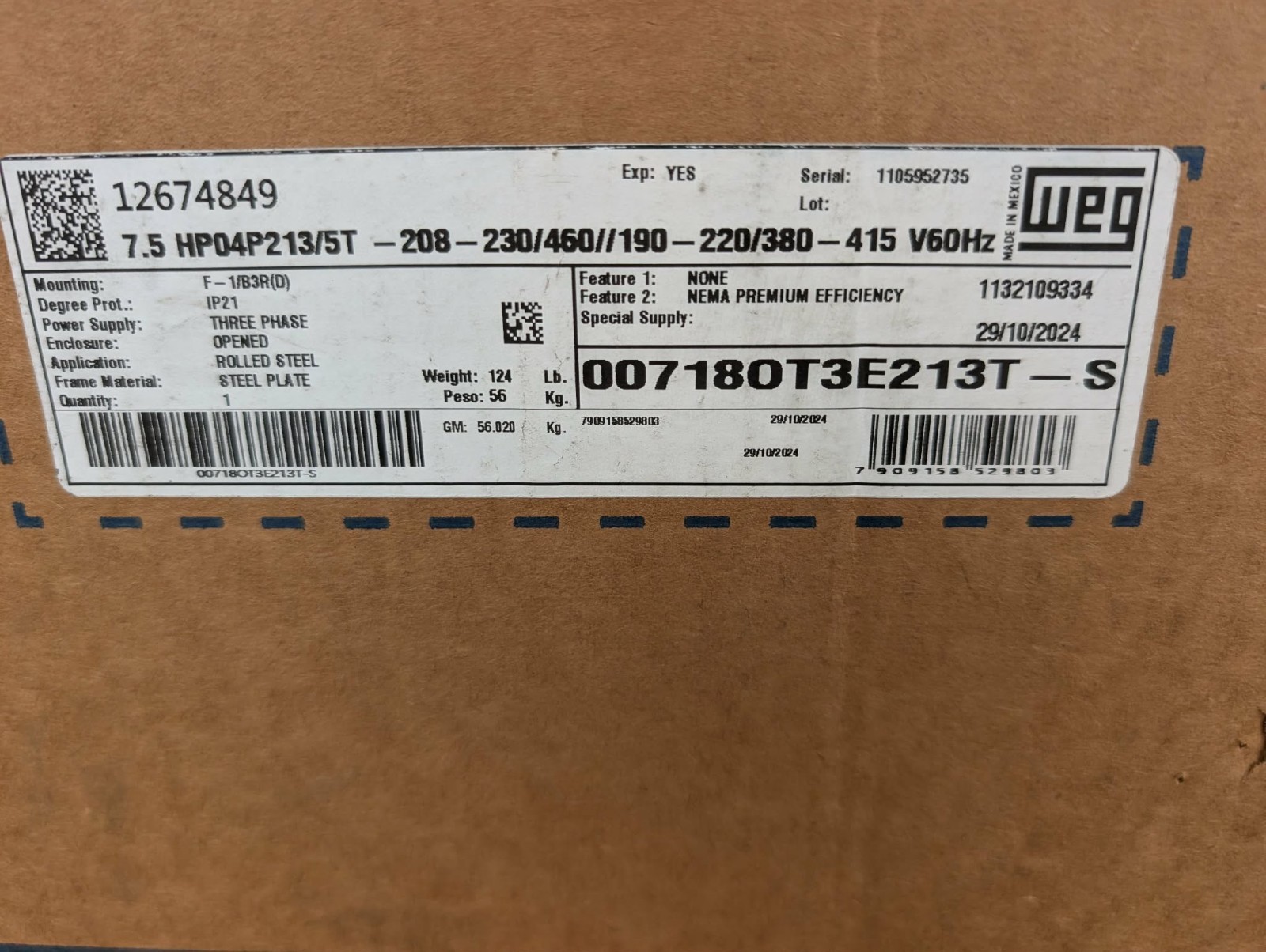 00718OT3E213T-S WEG motor 7 1/2 HP 1,770 Nameplate Open Drip Proof Rigid 3 Phase