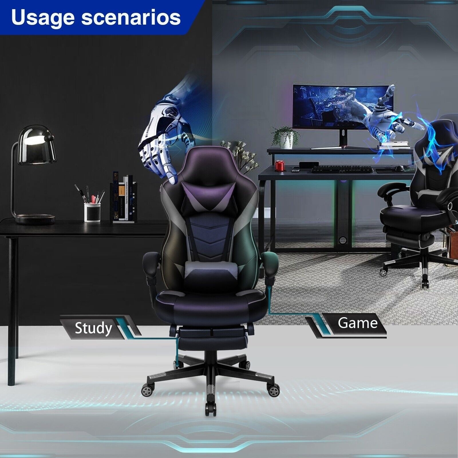 ELECWISH Gaming Chair Ergonomic Swivel Recliner Office Seat w/ Lumbar support