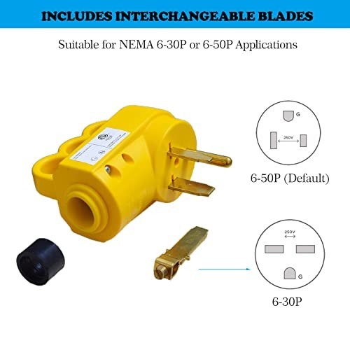 Welder Plug 50 Amp NEMA 6-50P Replacement Male Plug Heavy Duty Yellow ETL Listed