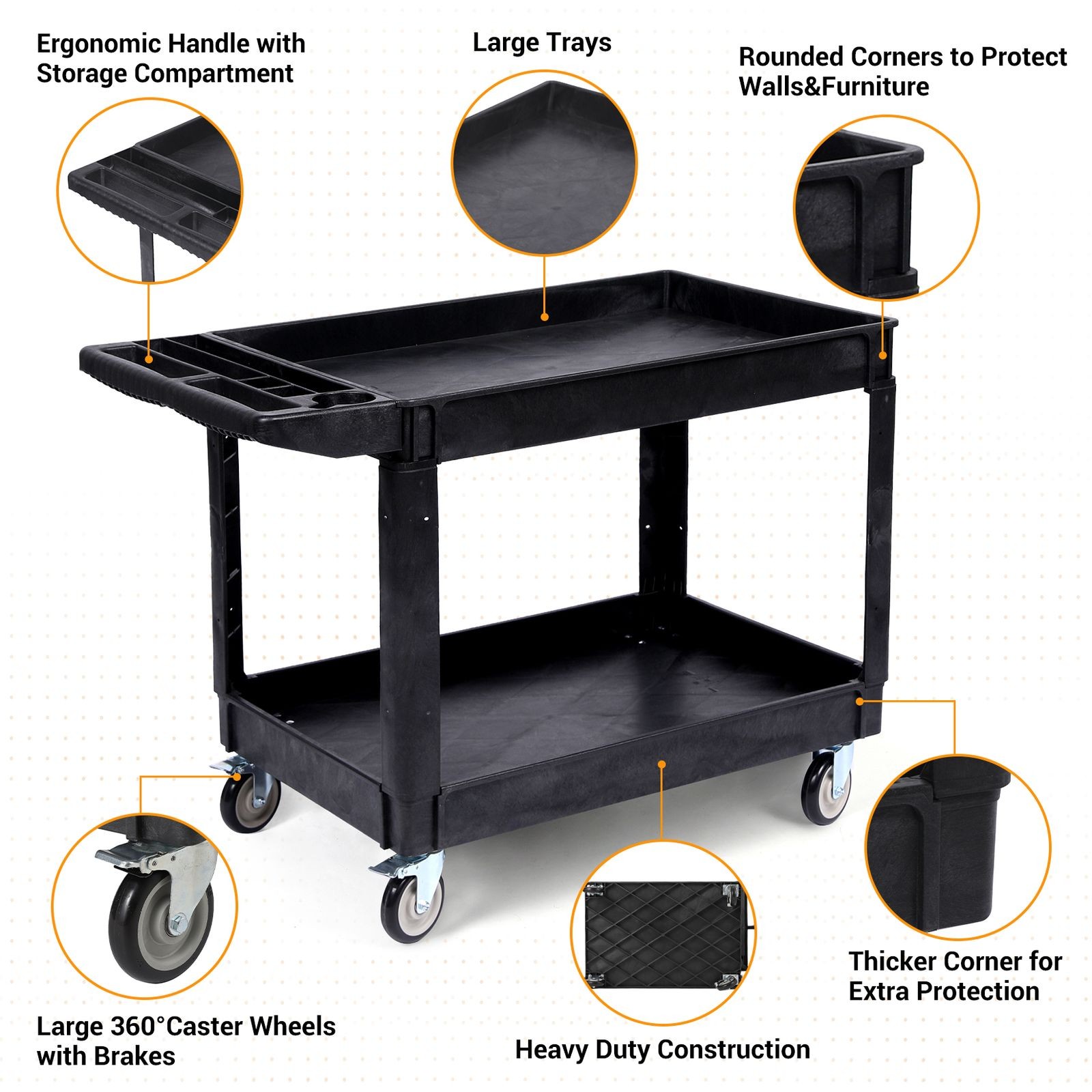 Garvee|Utility Cart|550Lbs|2-Tier|Swivel Wheels|Brakes|Warehouse Garage Use