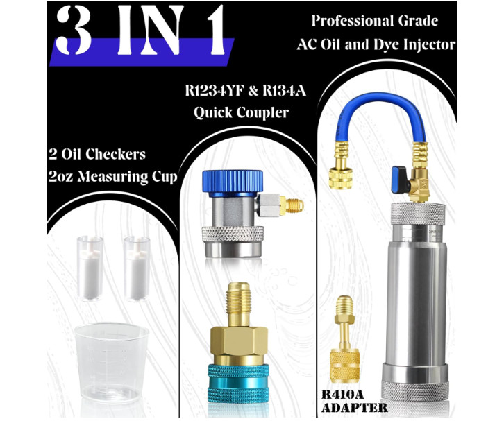 Kit inyector aceite A/C con acopladores R134A, R1234YF y adaptador R410A. Viene