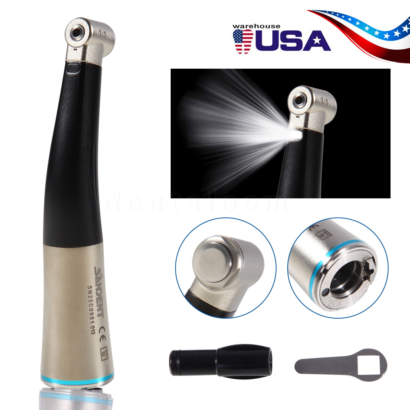 Dental Low Speed Handpiece Fiber Optic 1:1 Contra Angle Handpiece With LED Light