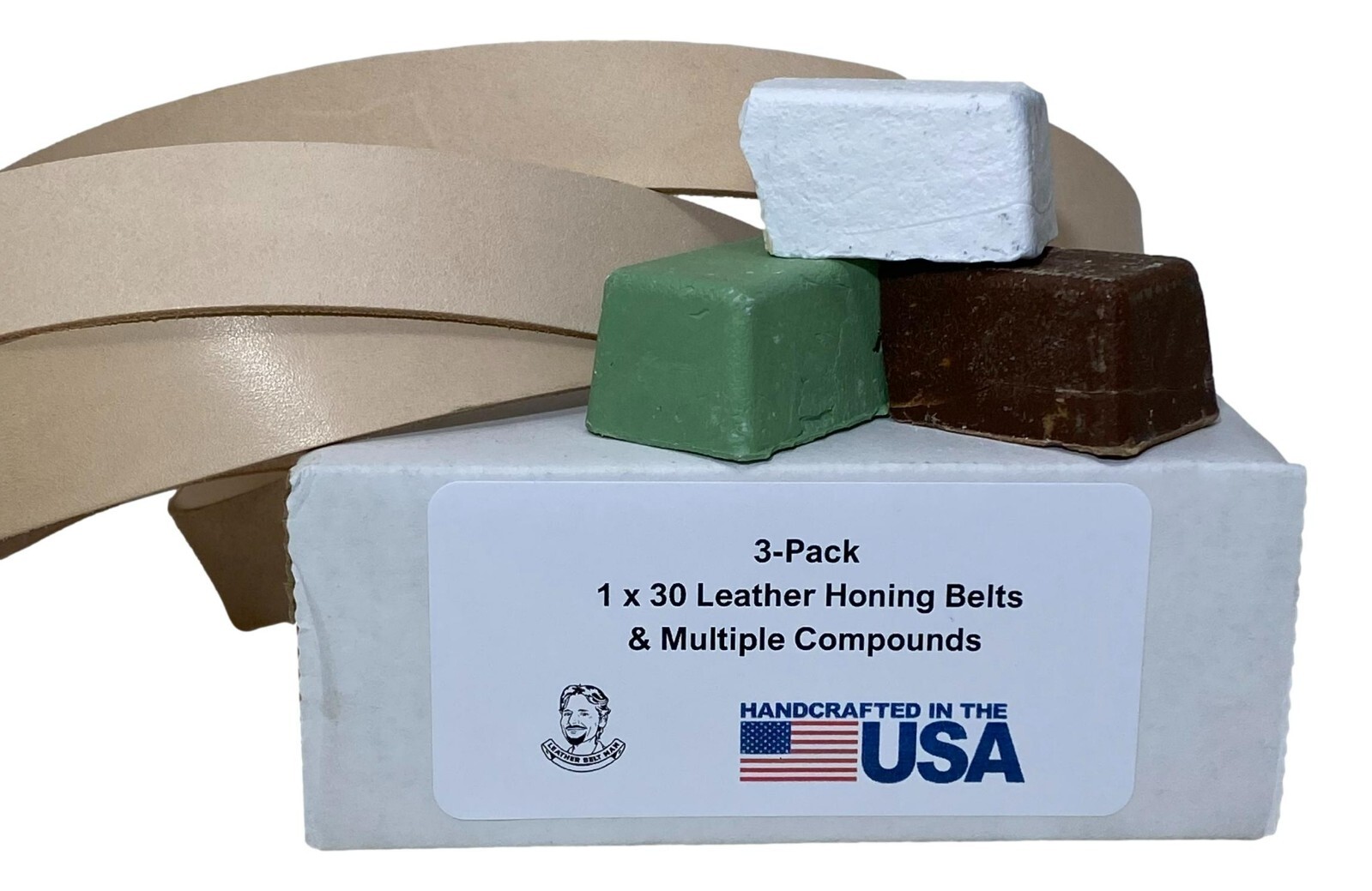 3 Pack of 1×30 Leather Honing Belts – Green, White, Brown Compounds Included