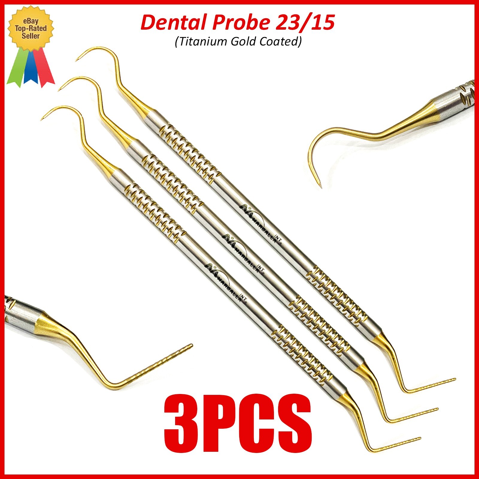 Set of 3 New Dental Explorer-Probe 23/15UNC High Quality Titanium Gold Coated