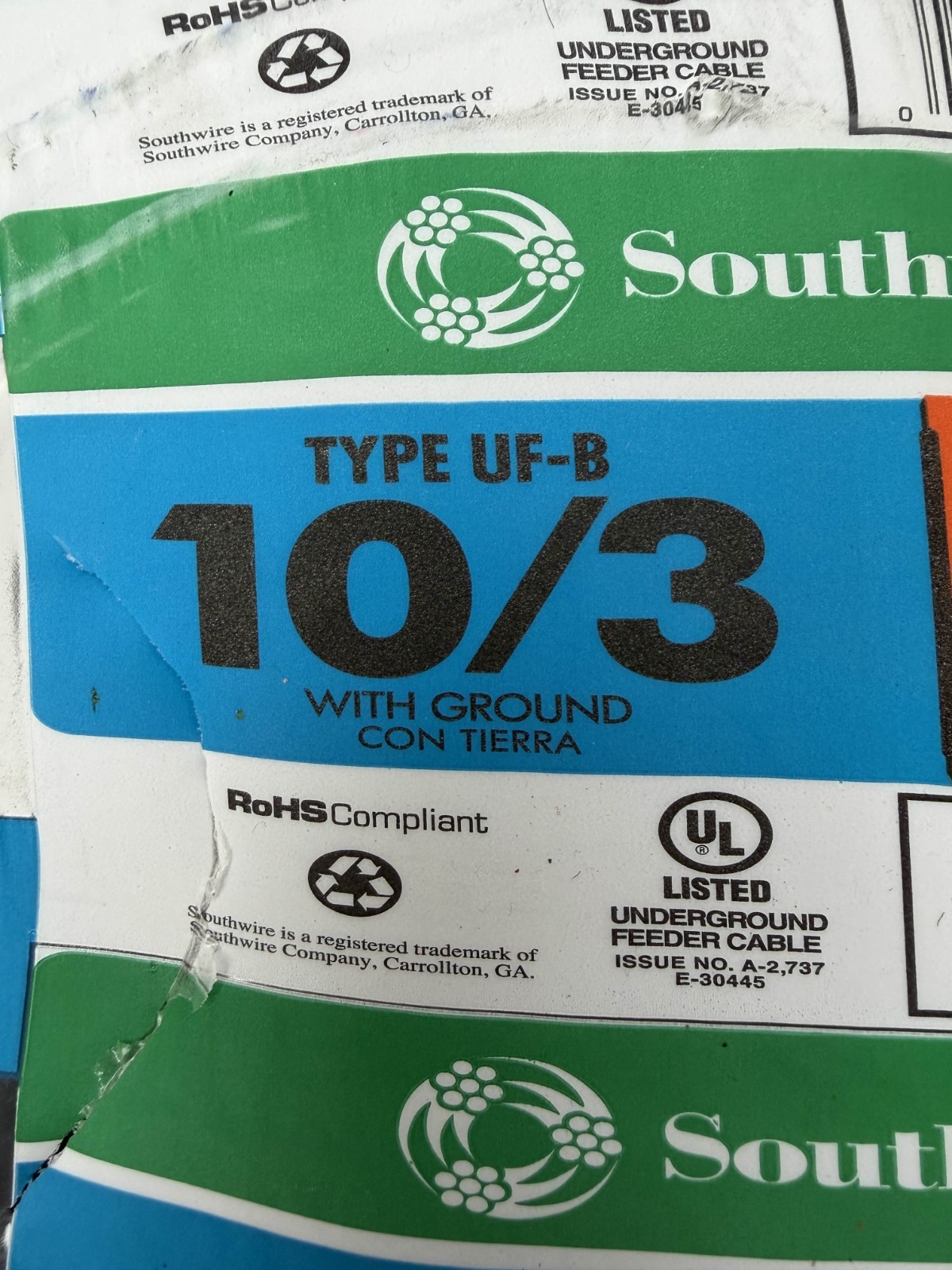 Southwire 250 Ft 10/3 Solid UF-B Wire W/G ( By-The-Roll )