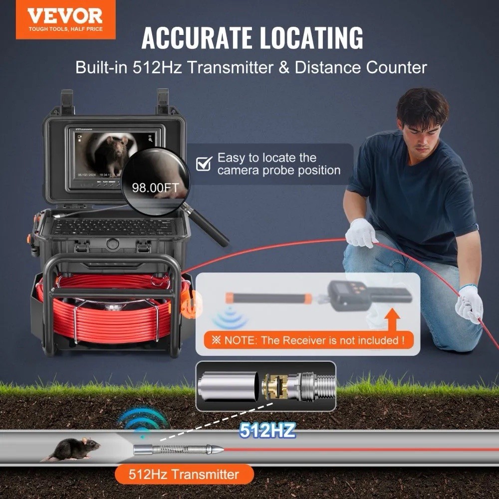 VEVOR Sewer Camera, 98 ft/30m, Self-Leveling Drain Camera with 512Hz WP9612FT