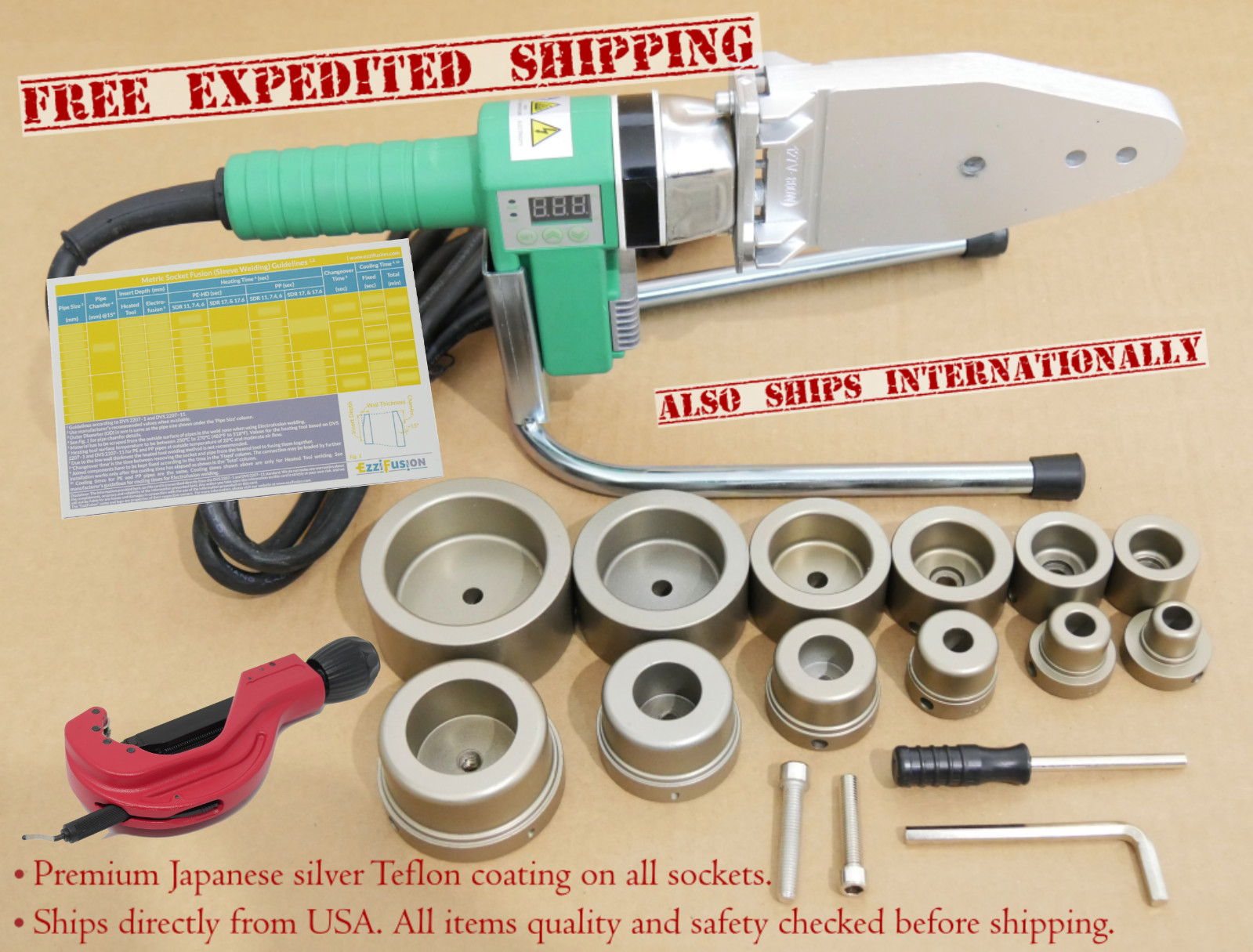 110V – 800W Pipe Fusion Welding Tool w/ Case & 20mm – 63mm sockets