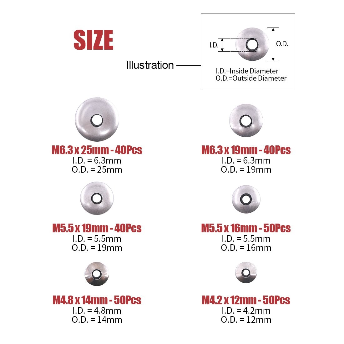 Hilitchi 270-Pcs #6#8#10#12 Stainless Steel Neoprene 4.2 millimeters, Silver