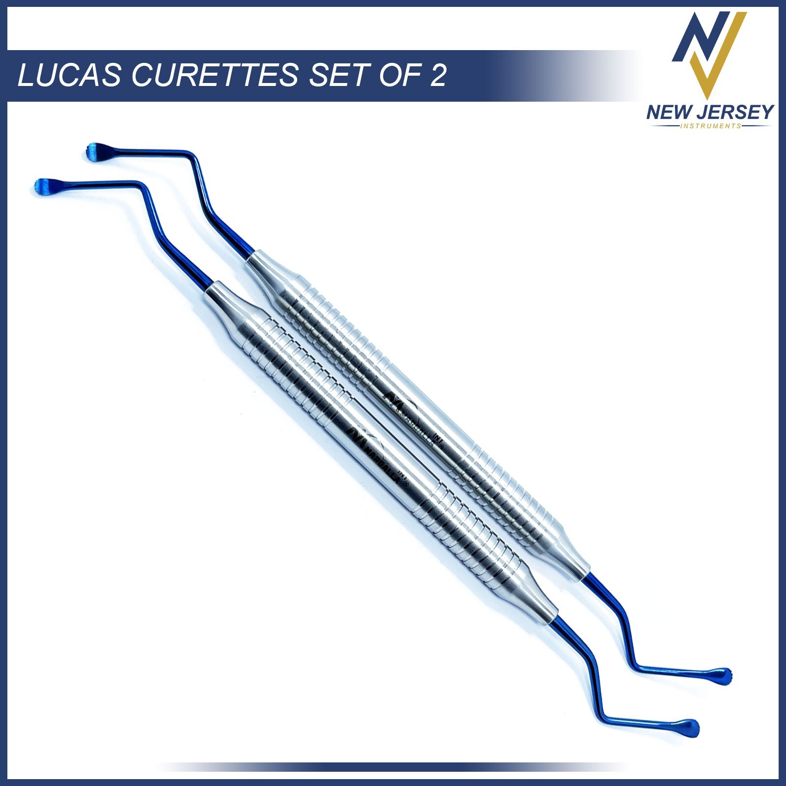 Dental Lucas Curettes Set of 2 Surgical Bone Curettes Serrated Blue Coated Tips