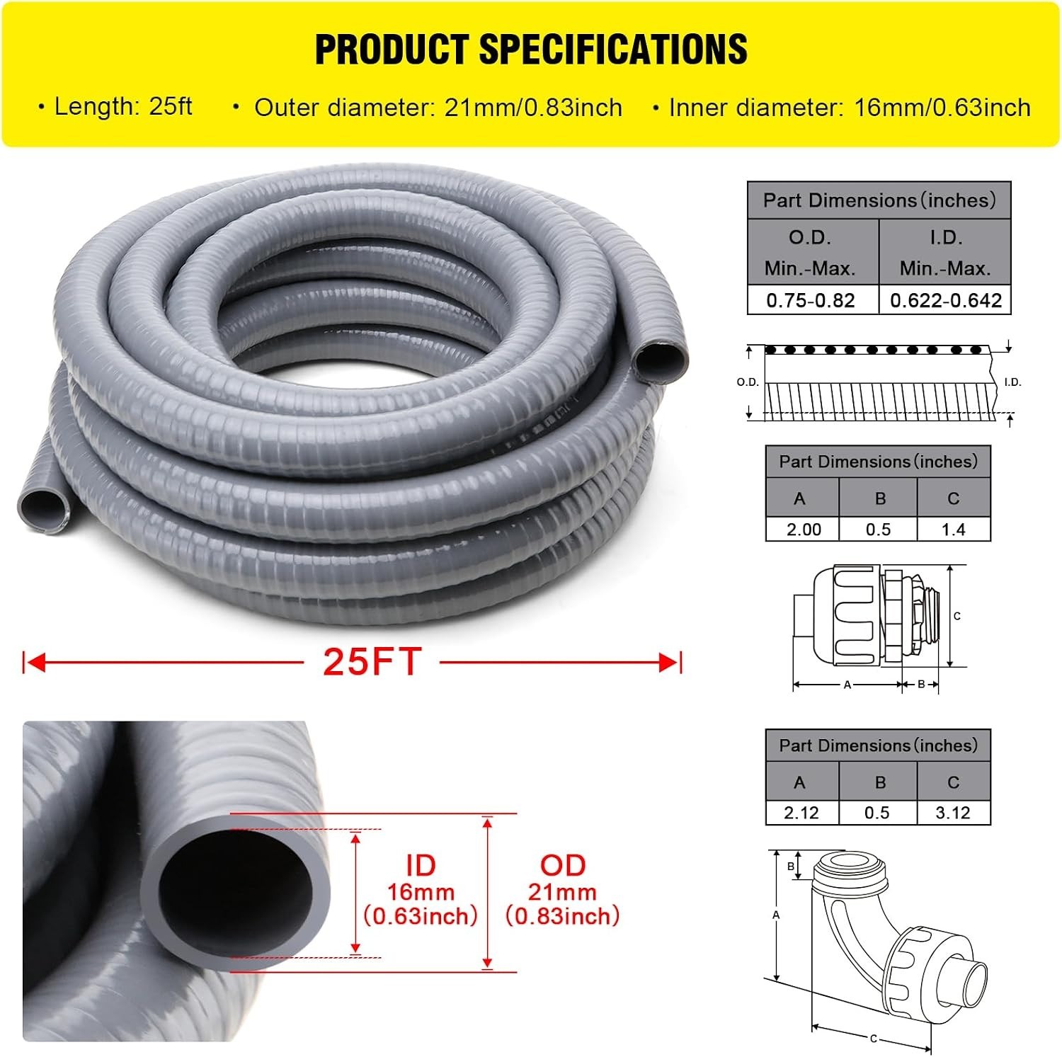 25ft Liquid-Tight Electrical Conduit Kit with 16 Connectors Included