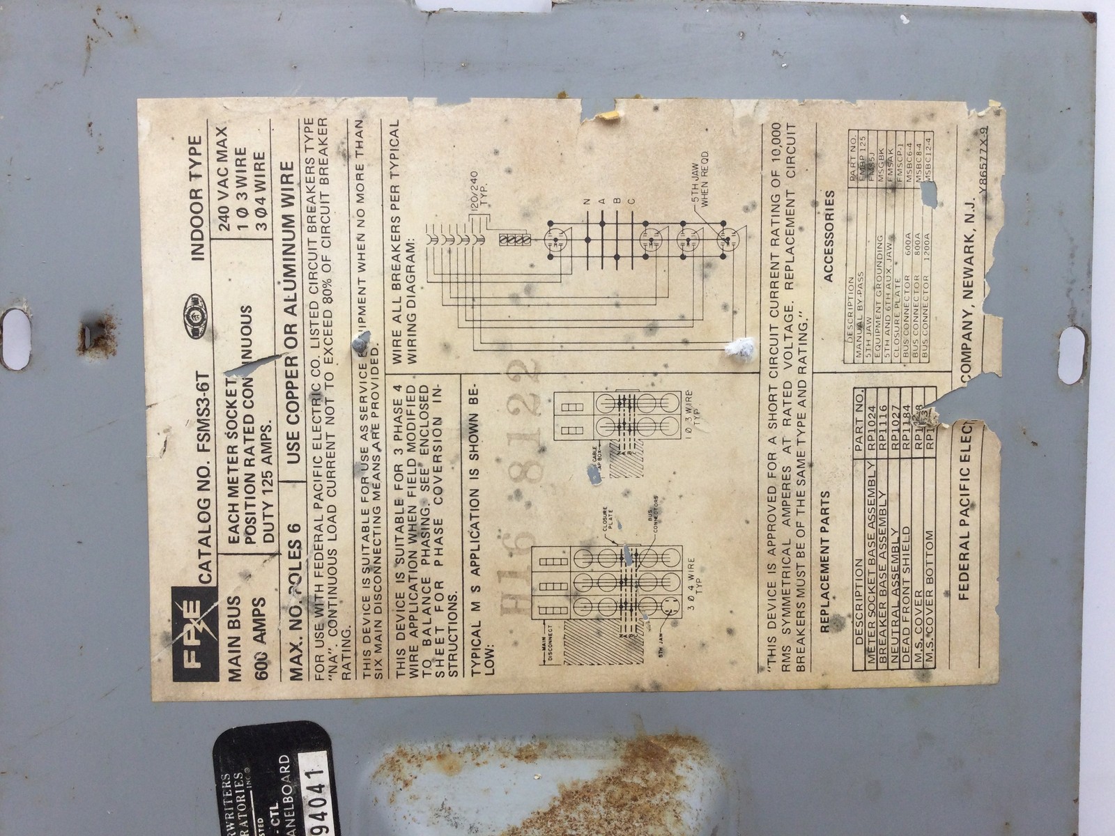 FPE FSMS3-6T 600 Amp 240V Indoor Type Dead Front 17 3/4″ x 9 3/8″