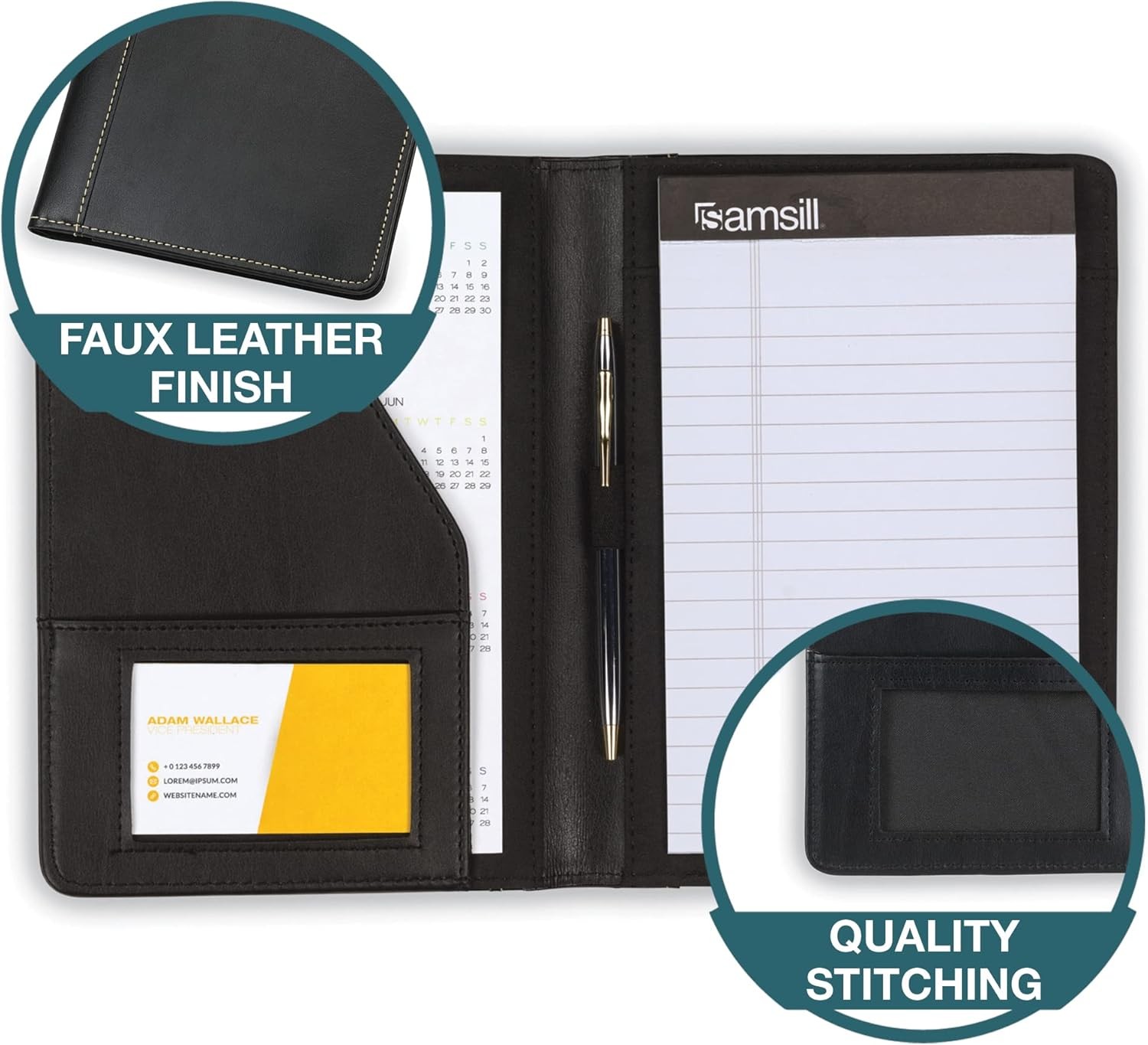 Leather Portfolio, Mini Size Business Interview Professional Padfolio – Black