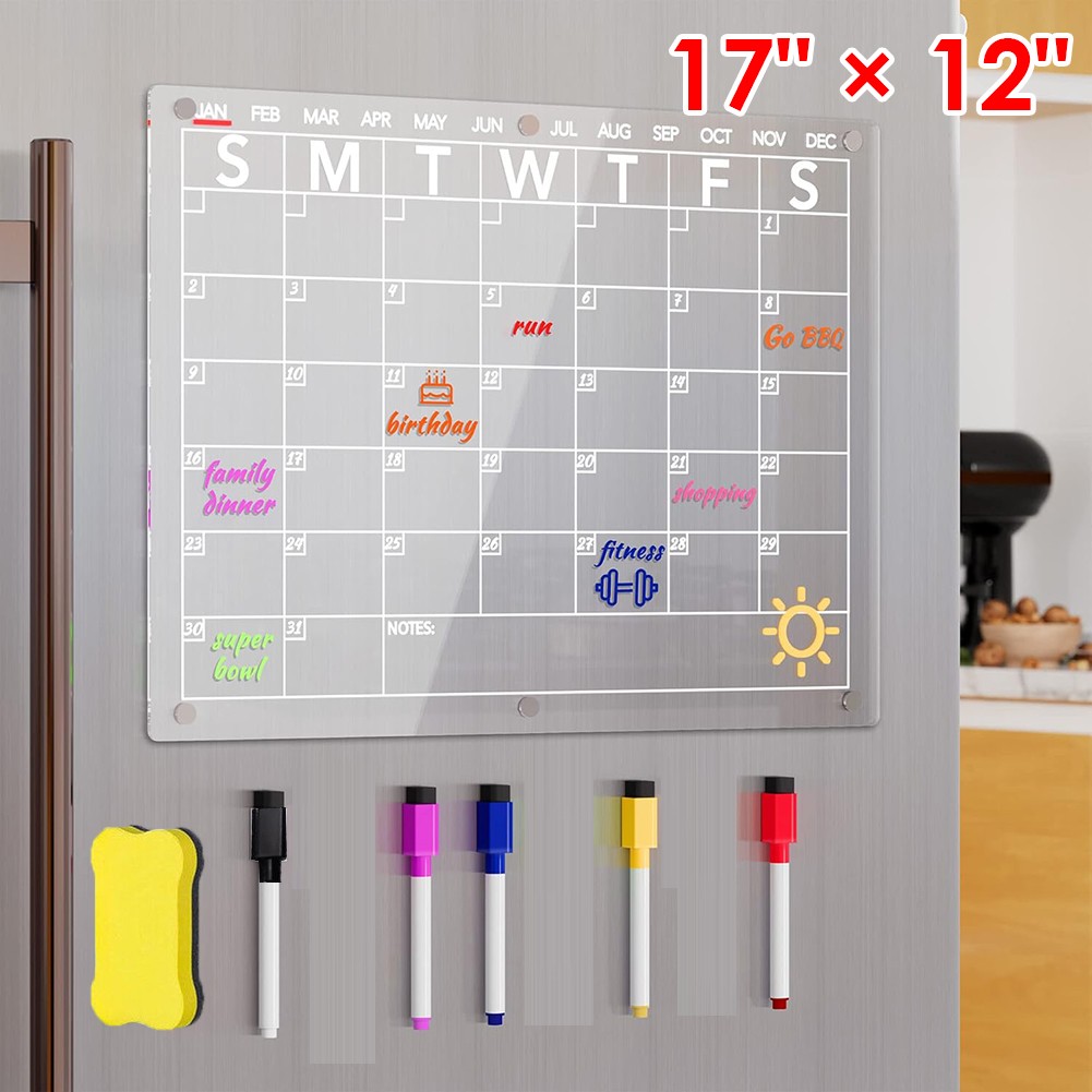 17×12 Acrylic Magnetic Dry Erase Board Calendar for Fridge, Clear Month Planner