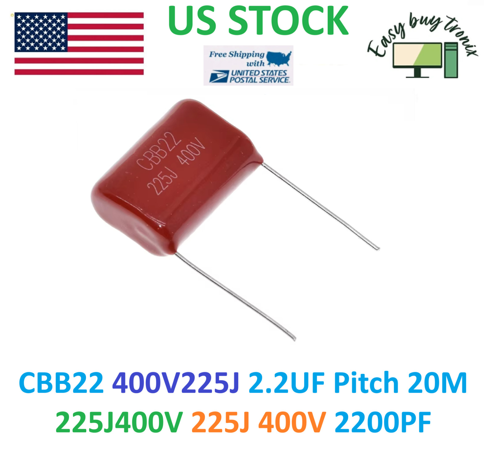 10Pcs CBB CBB22 Film Capacitor 2.2uf 2200nf 2.2mfd 225J 400V Quality US STOCK