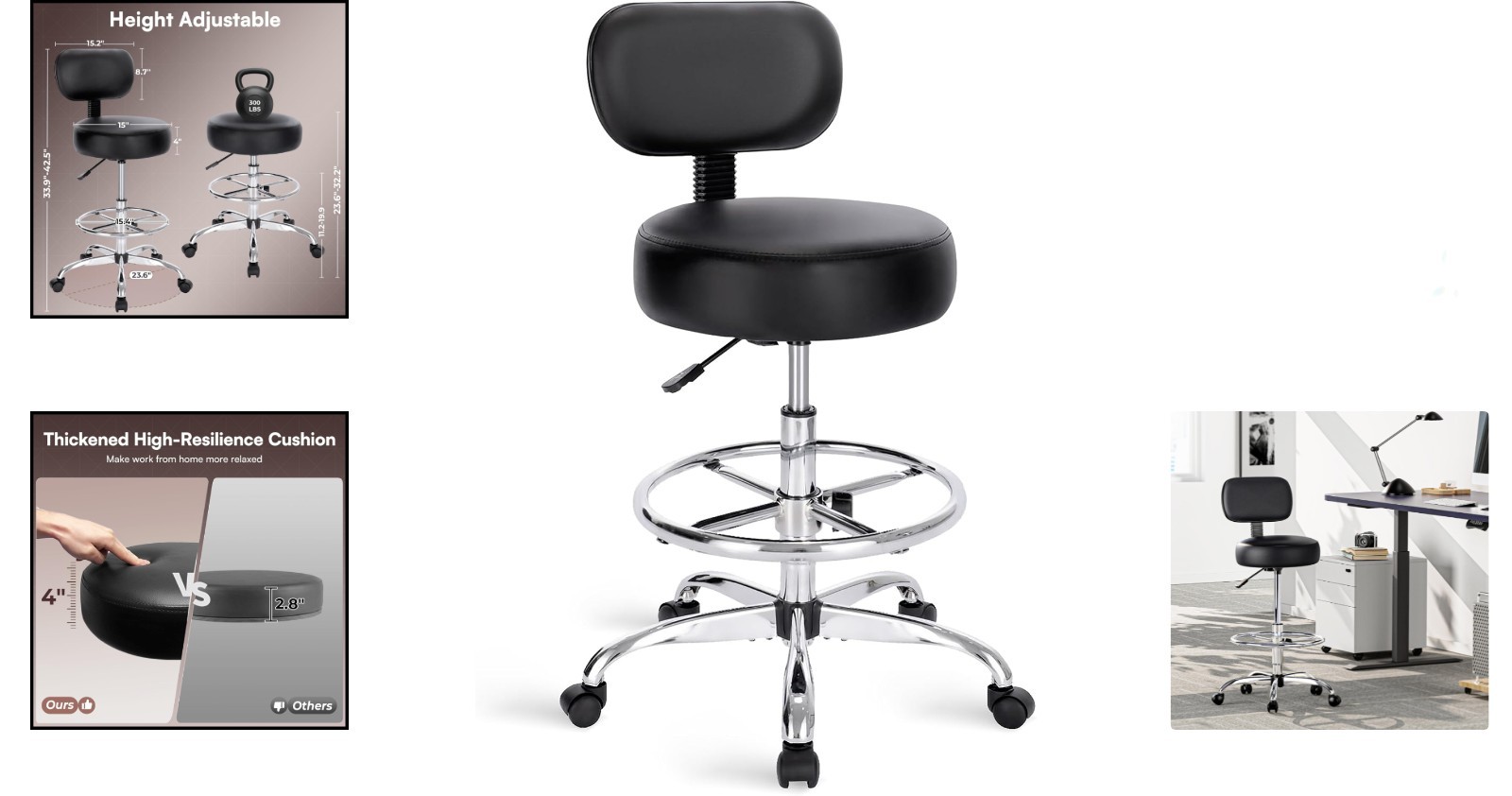 Ergonomic Drafting Chair with Adjustable Footrest – Multi-Purpose Black Stool