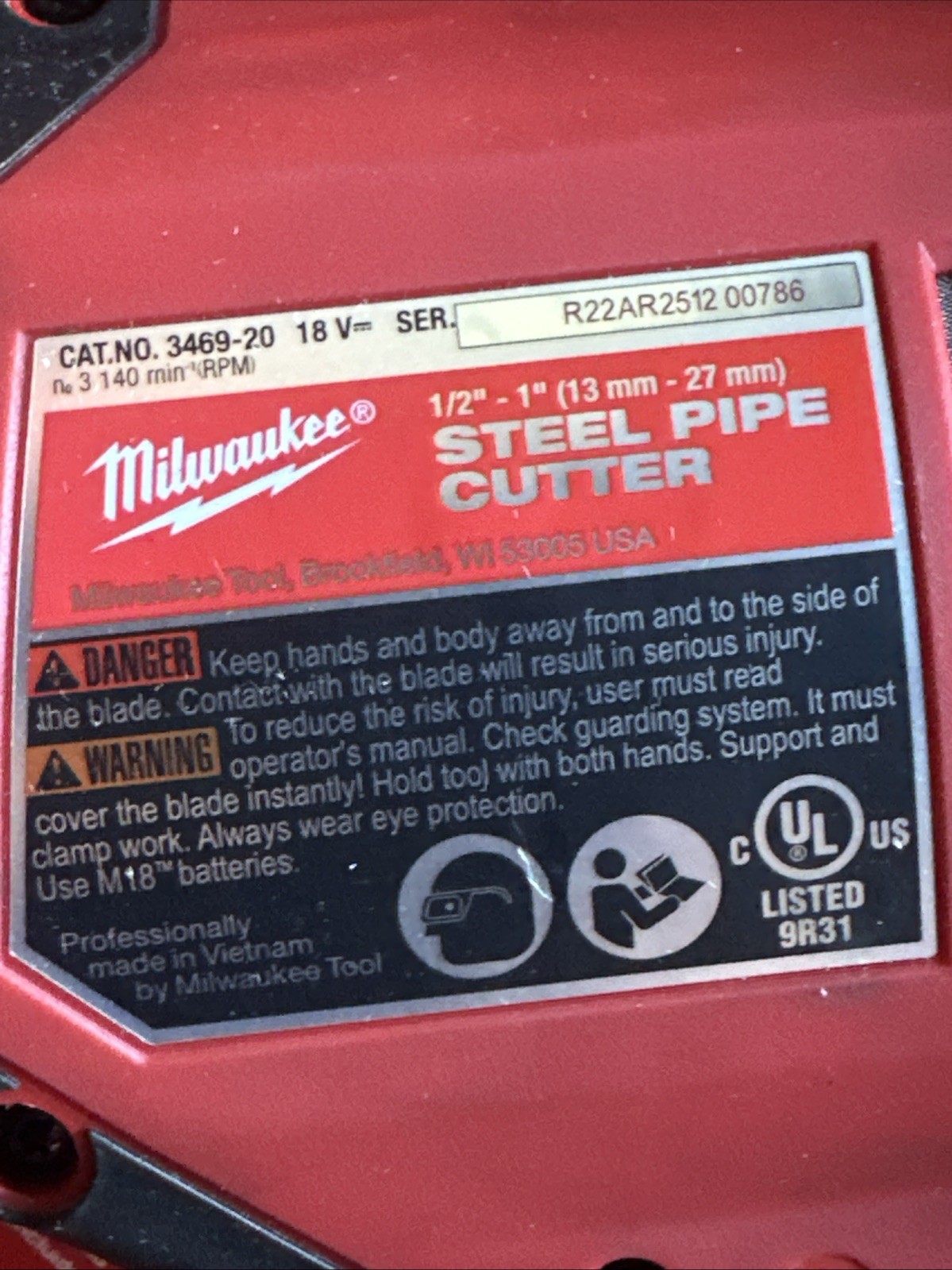 Milwaukee FUEL M18 3469-20 1/2”-1” Steel Pipe Cutter NO BLADE INCUDED
