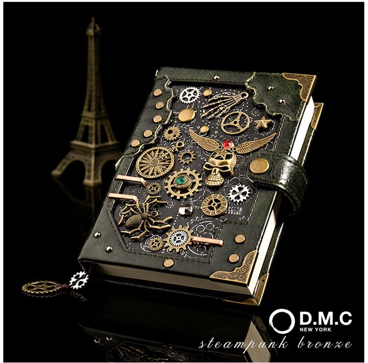 Handmade Steampunk Notebook Leather Journal with customized bookmark and stamp