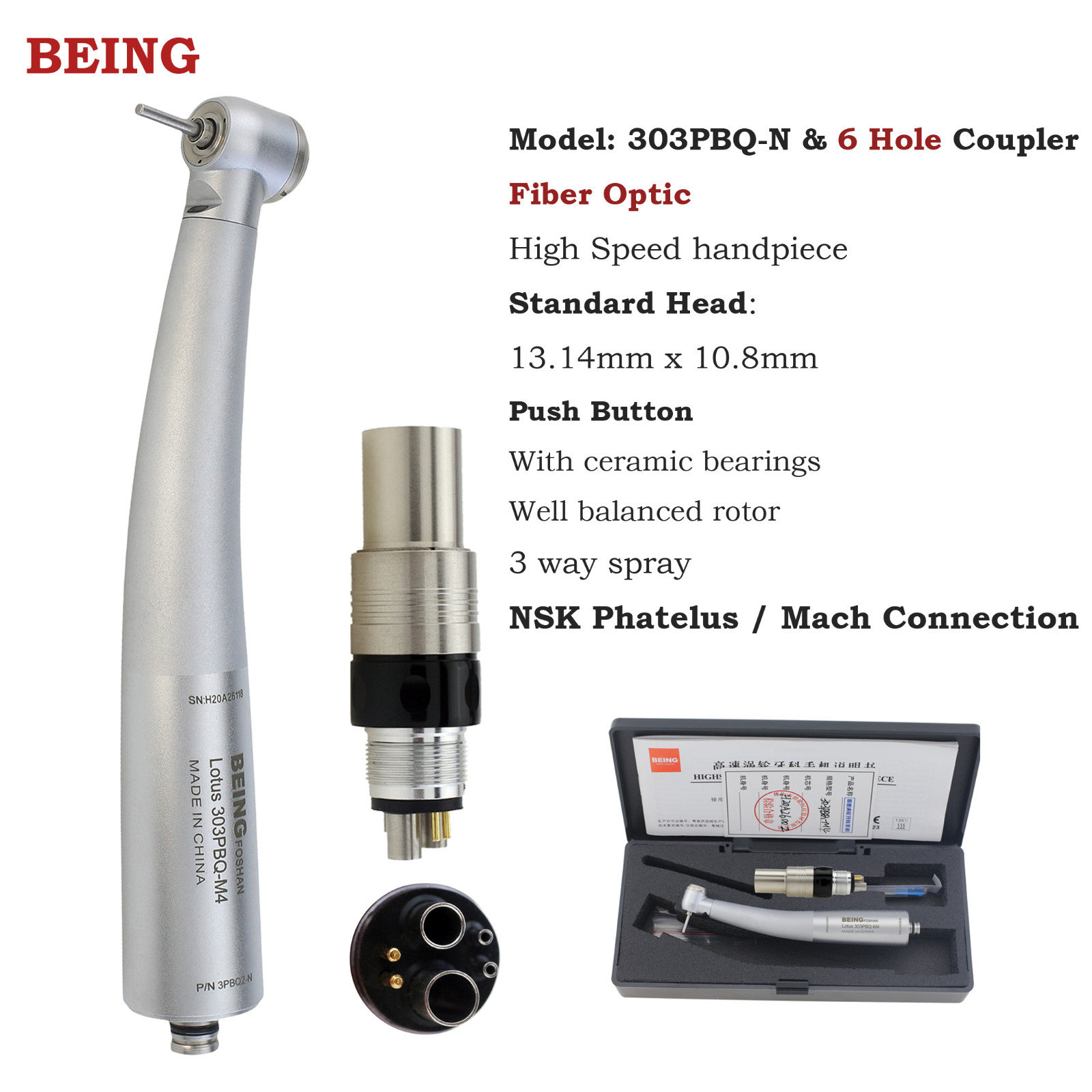 BEING Dental High Speed Handpiece Fiber Optic Turbine LED Coupler fit NSK
