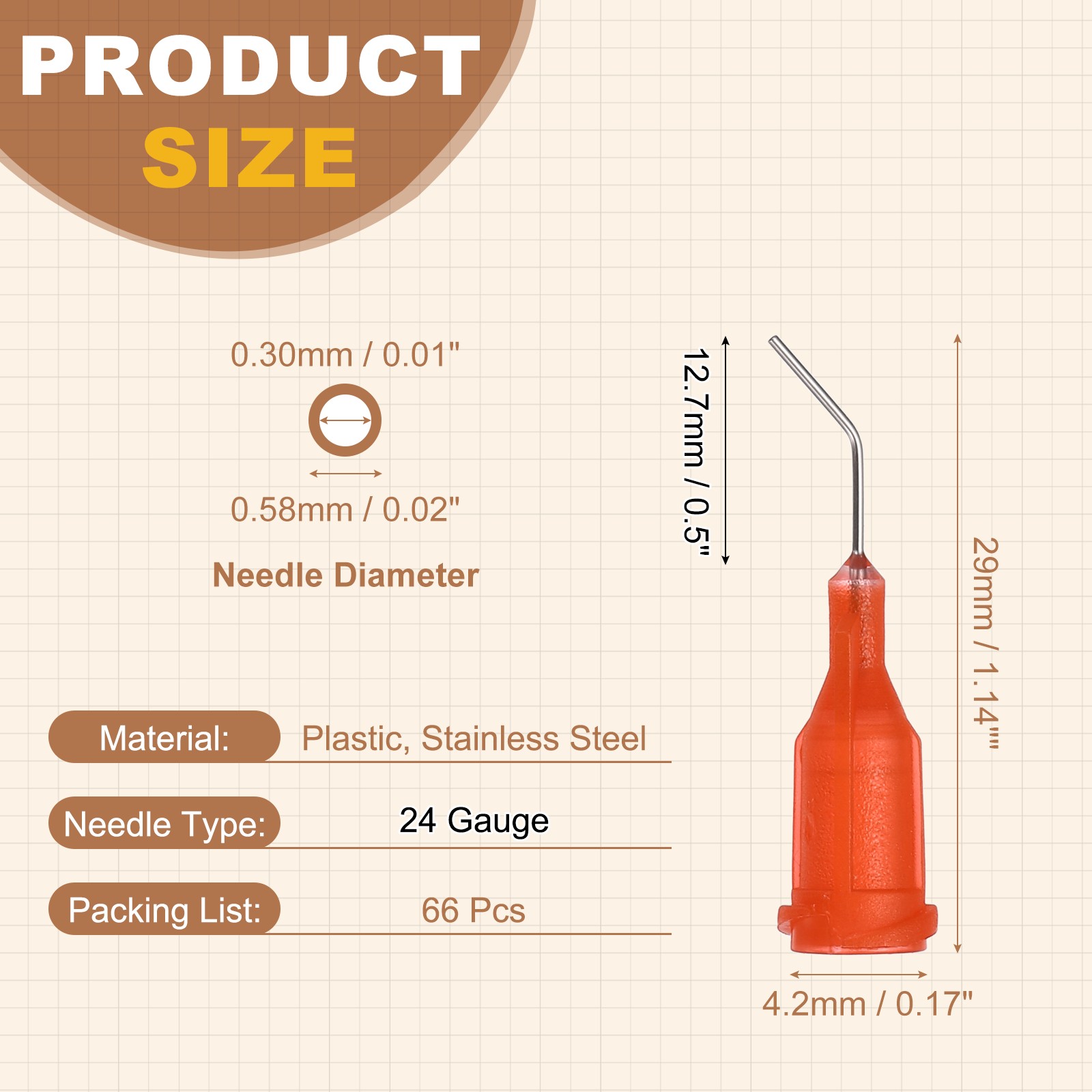 66Pcs 0.5Inch 24Ga 45° Angled Dispensing Needles, Orange Red