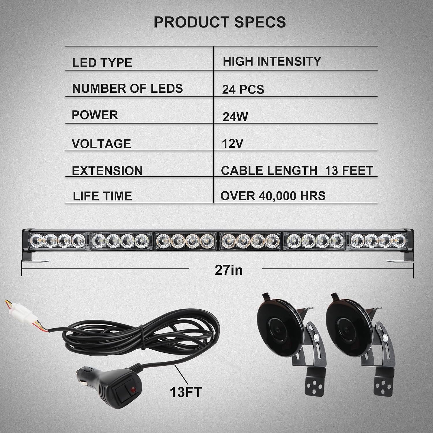27″ LED Strobe Light Bar Cigar Lighter 13 Patterns Waterproof for Trucks