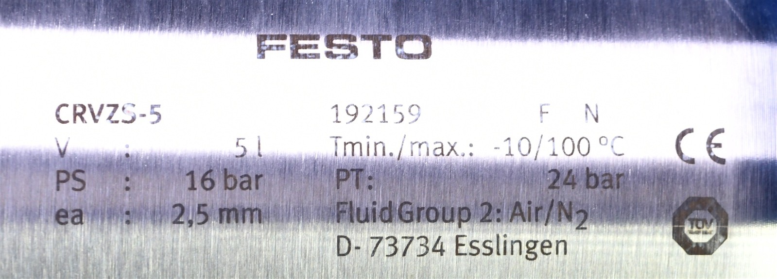 Festo 5L Compressed Air Reservoir Stainless Steel Air Tank 1.32 G CRVZS-5