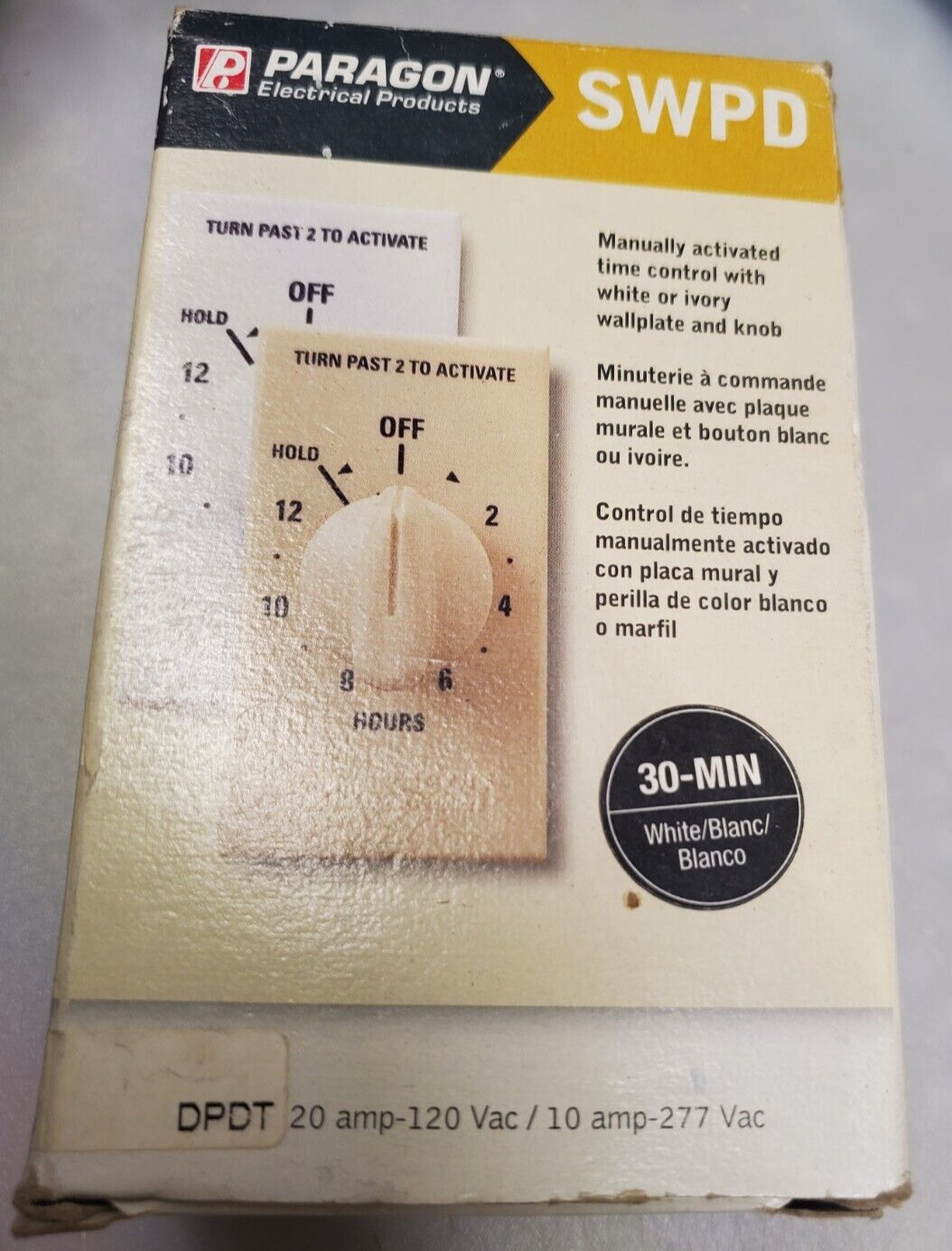 Paragon Manually Activated Timer Control SWPD30M NIB NOS, 0-30 minutes, White